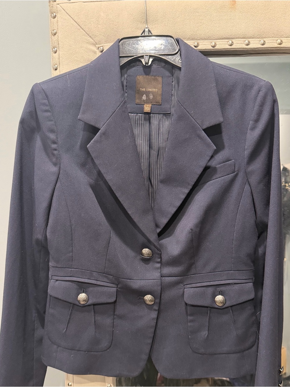 The Limited Navy Structured Blazer with Decorative Buttons